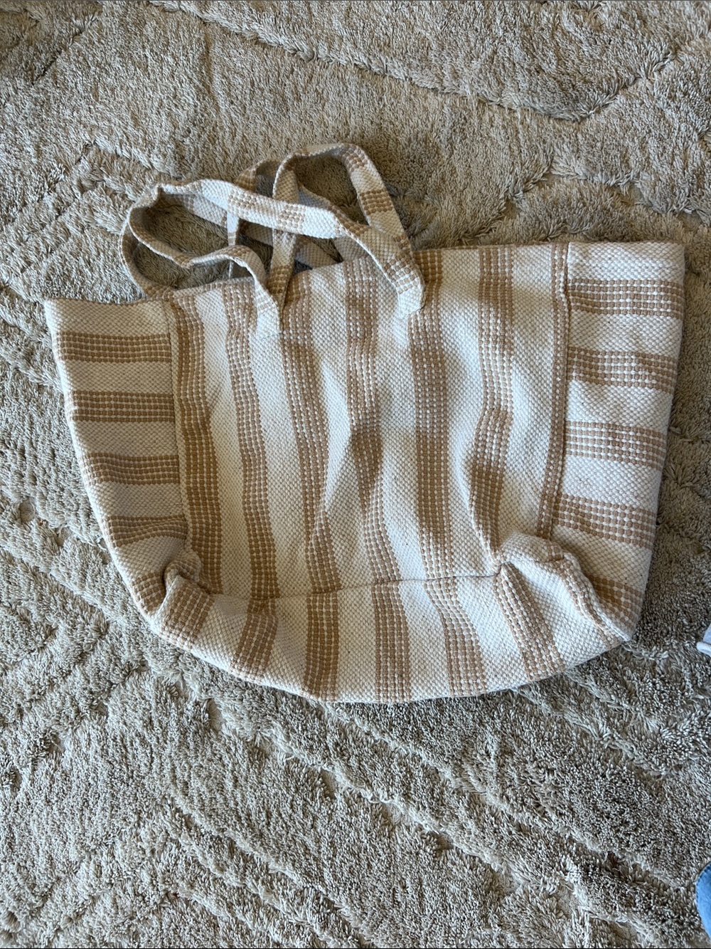 Cost Plus World Market Cream & Tan Striped Woven Tote